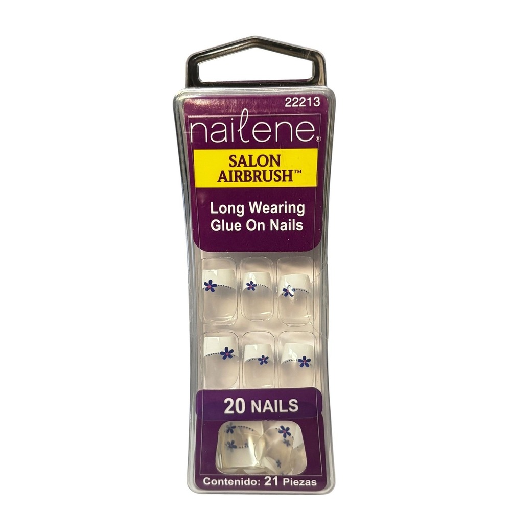 Nailene Salon Airbrush Glue On Nails White‎ French Tip Blue Floral Round Short